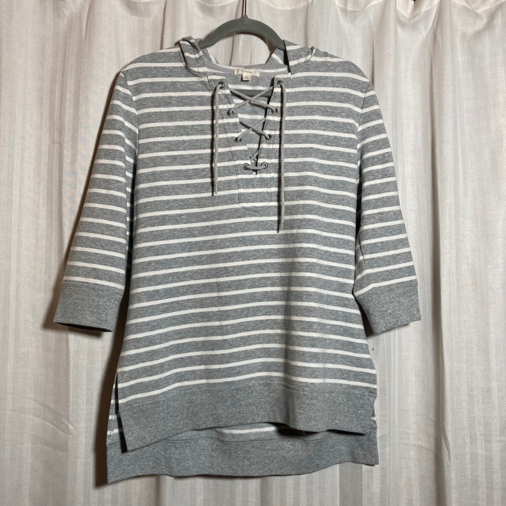 Caslon Gray White Striped Lace Up Hoodie 3/4 Sleeve Pullover M Nautical Coastal